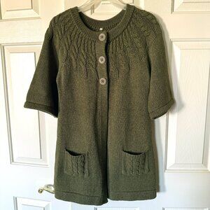 Women's Olive Green Cable Knit Short Sleeve Tunic-length Cardigan Size M